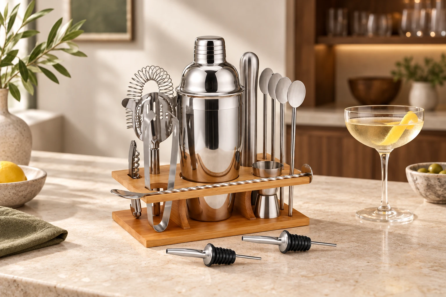 Stainless steel cocktail shaker and bar tools on a wooden stand in a warm home bar setting