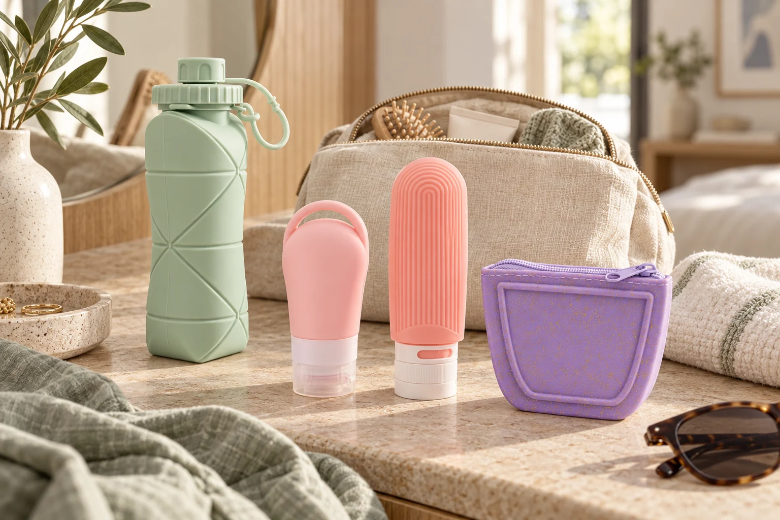 Silicone water bottle, travel containers and zip pouch in a warm contemporary home setting