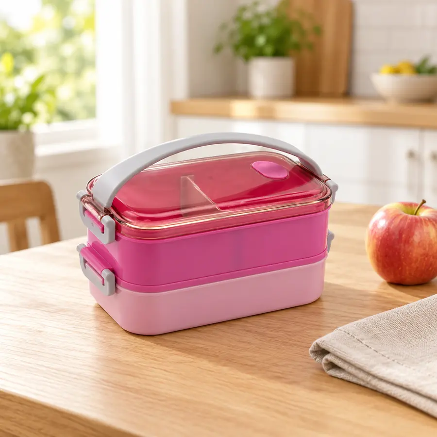 Pink MK-A007 bento box on a breakfast table — illustrative lifestyle scene