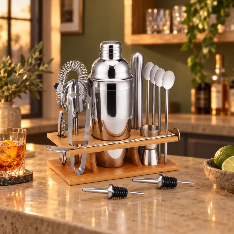 MK260069 cocktail set with wooden stand on a home bar counter — illustrative lifestyle scene