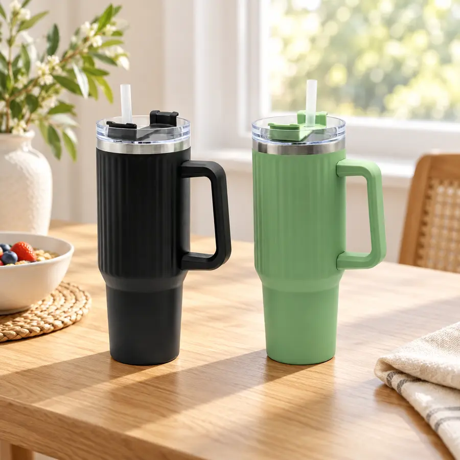Black and sage MKBT2 handled tumblers in a breakfast nook — illustrative lifestyle scene