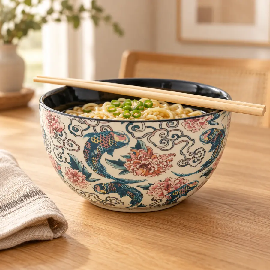 MKC02 patterned ceramic noodle bowl with chopsticks on a dining table — illustrative lifestyle scene